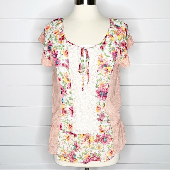 Daniel Rainn Crochet Floral Peplum Top Pink Green Yellow Small - Picture 1 of 8
